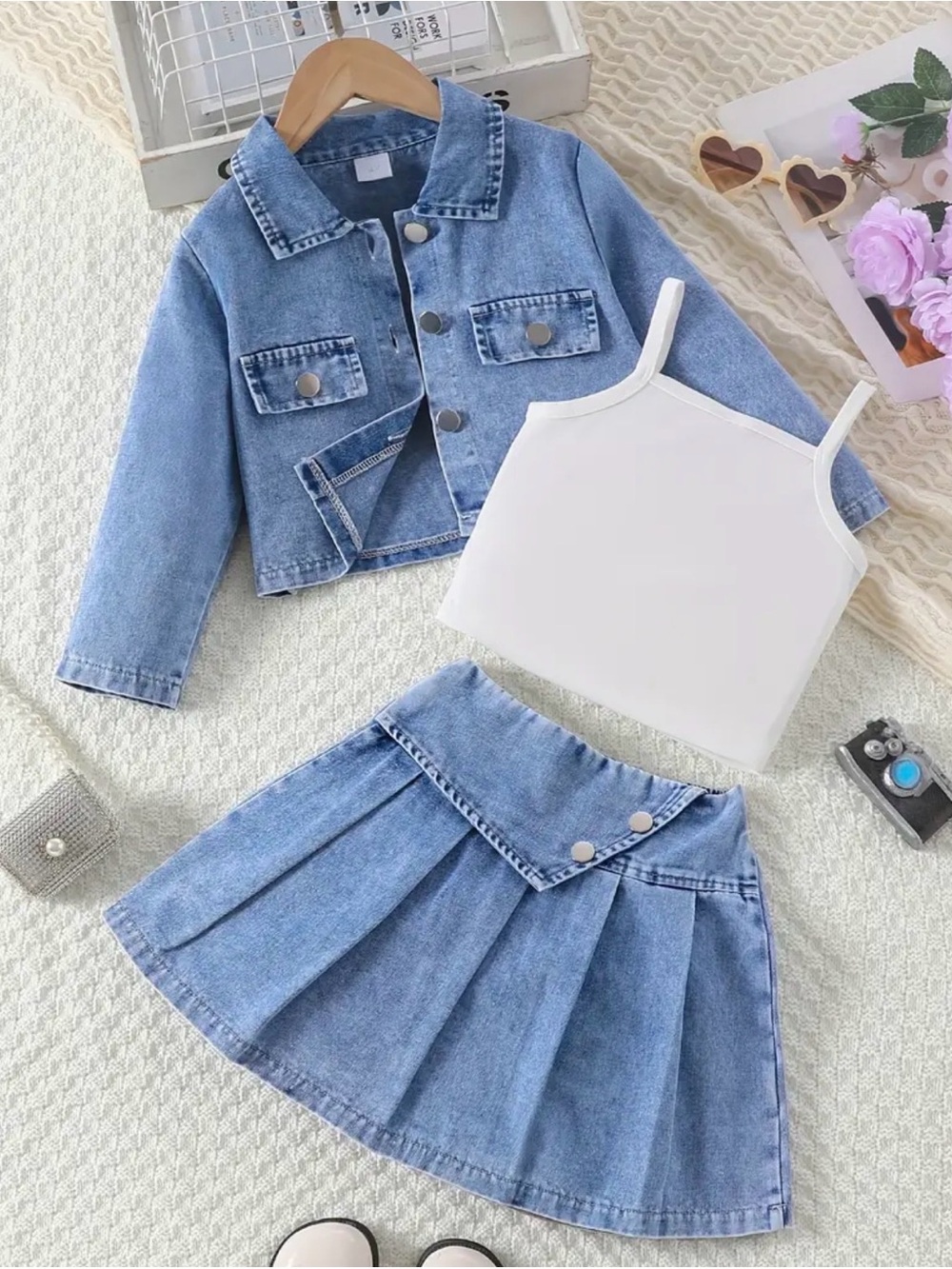 Kids Light Blue Denim Jacket & Skirt Set with White Tank - Girls